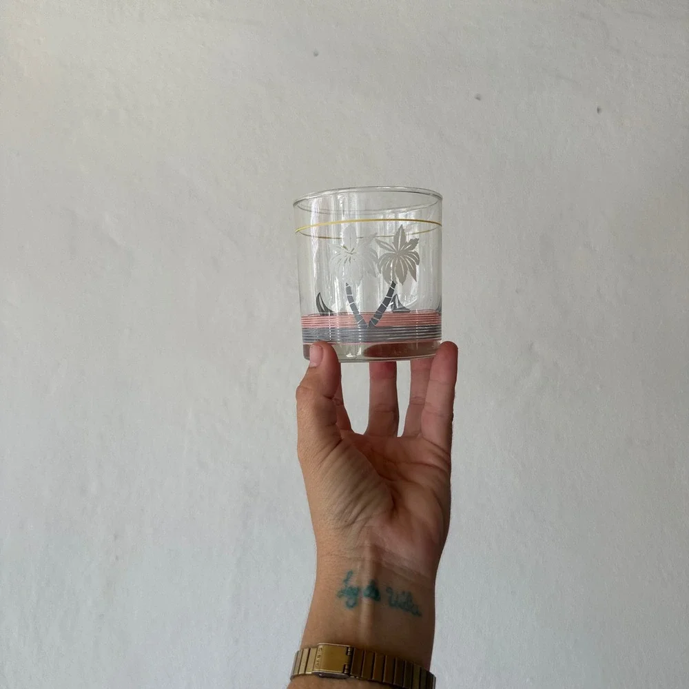 Vintage Nadir Brazil Palm Tree Sailboat Rocks Glass Retro Tropical Lowball